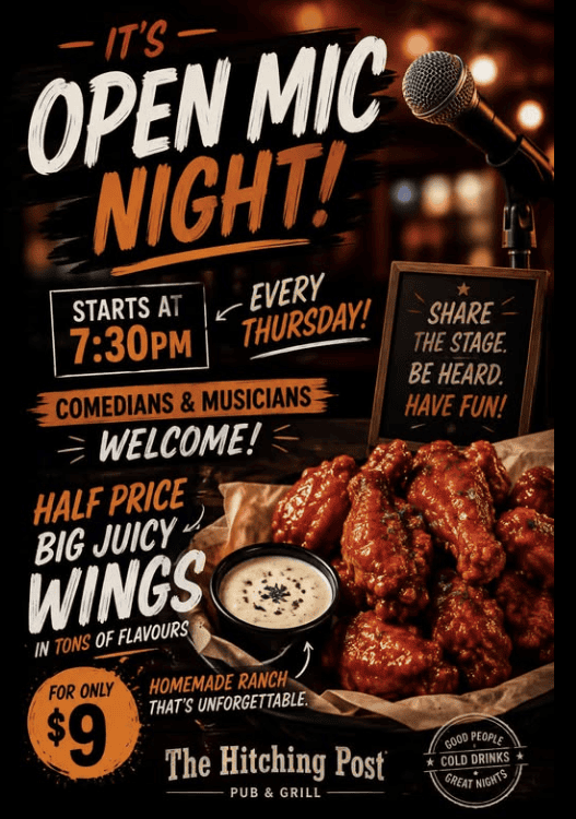 Open Mic Night + 1/2 price wings - The Hitching Post Pub