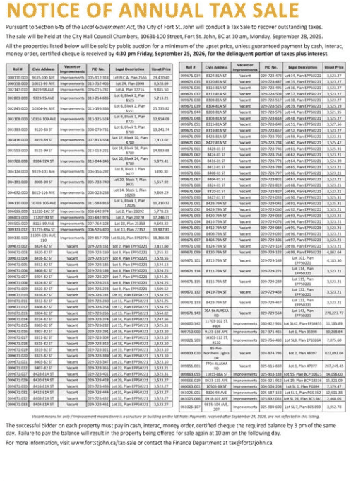 Annual Tax Sale - City of Fort St. John